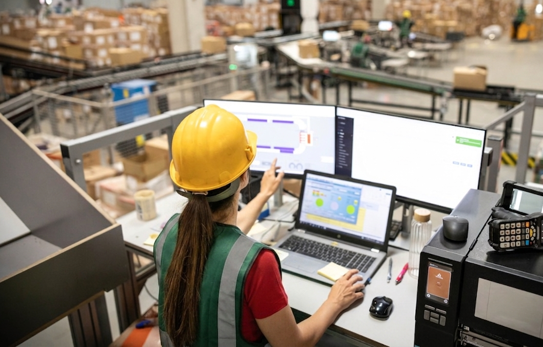 Woman worker analysing warehouse data on computer